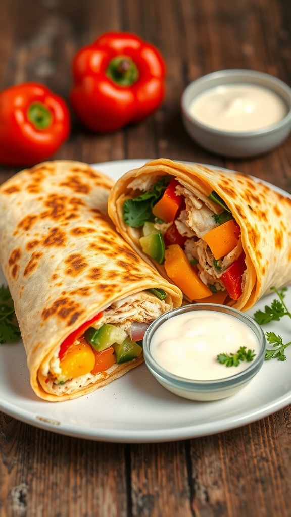Crispy air fryer chicken and veggie wraps on a plate with dipping sauce.